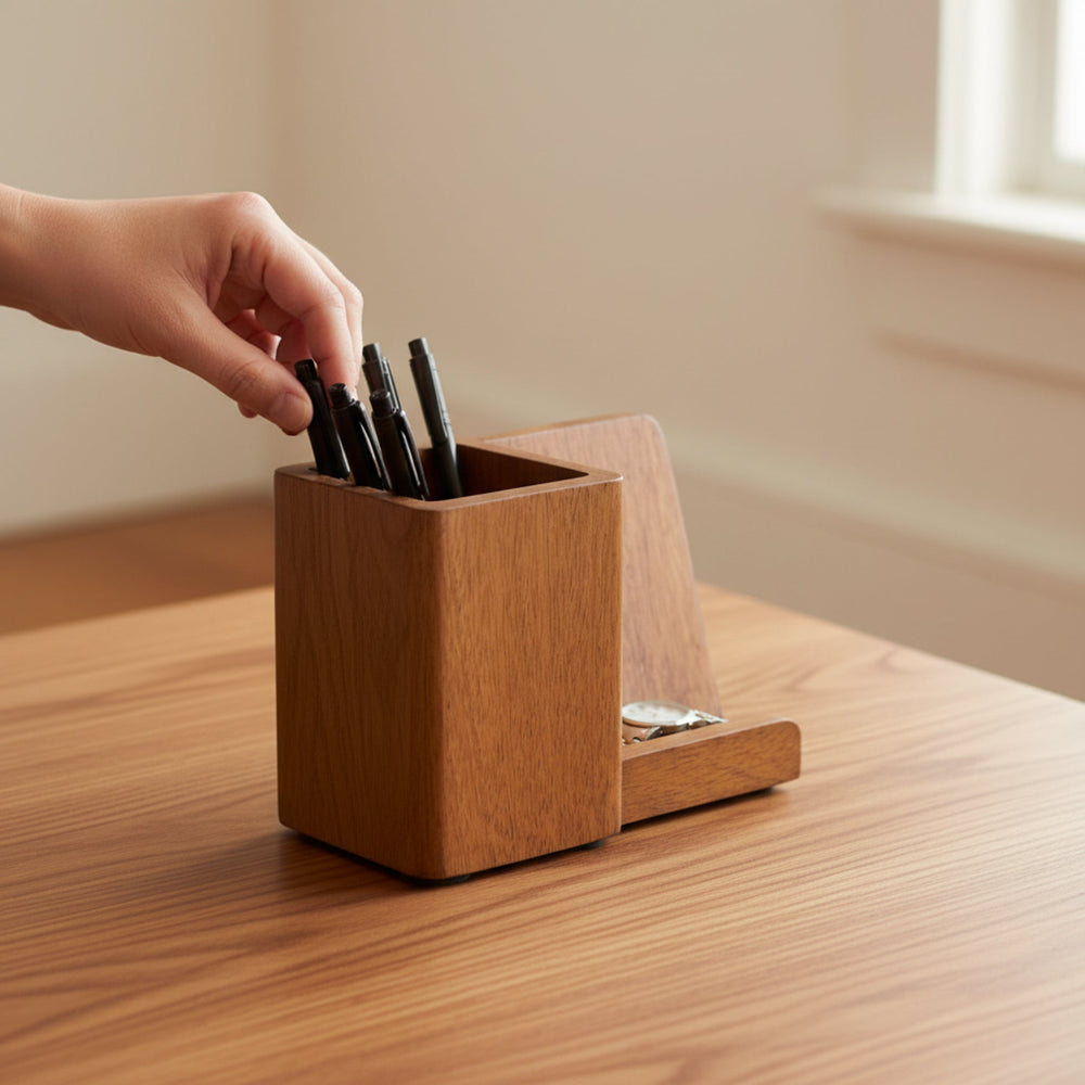 Inga Wooden Pen Holder With Mobile Stand - Brown