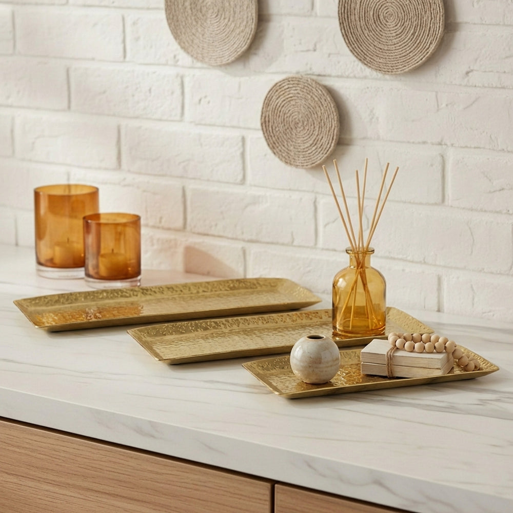 Relish Rectangular Metal Platter, Set Of 3 - Gold