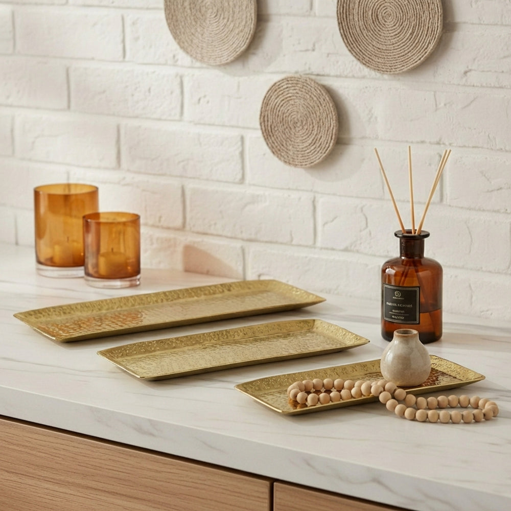 Relish Rectangular Metal Platter, Set Of 3 - Gold