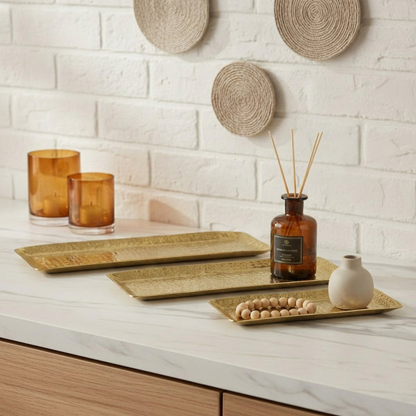 Relish Rectangular Metal Platter, Set Of 3 - Gold