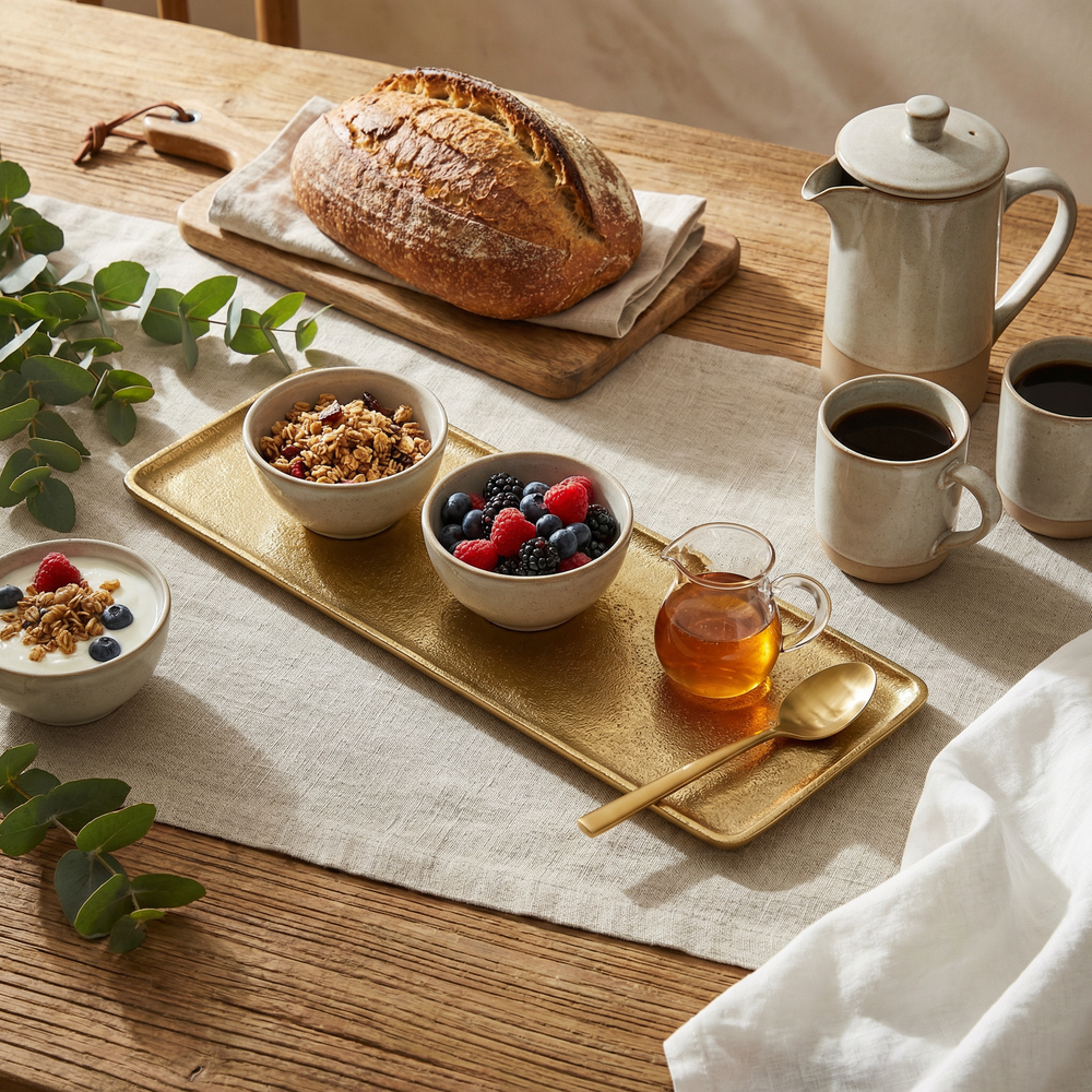 Breakfast setting with bread, berries, granola, and coffee on a wooden table and metal platter