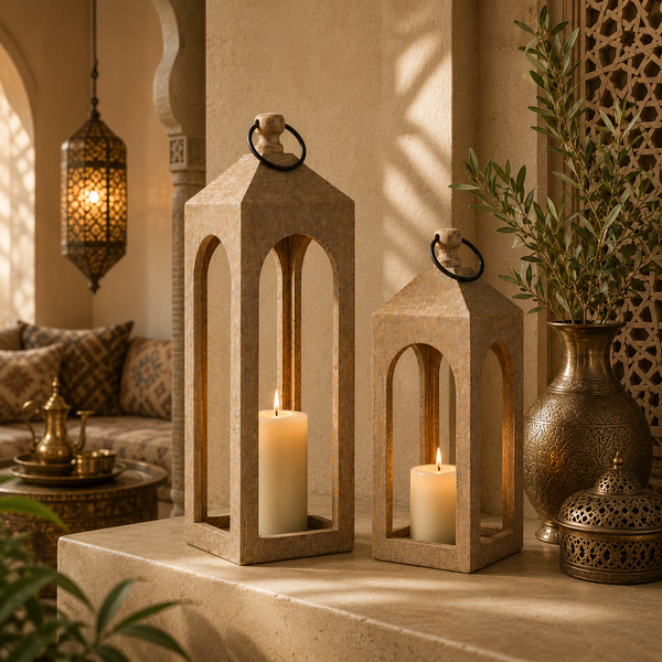 Decorative lanterns with candles on a stone surface in a warm, indoor setting.