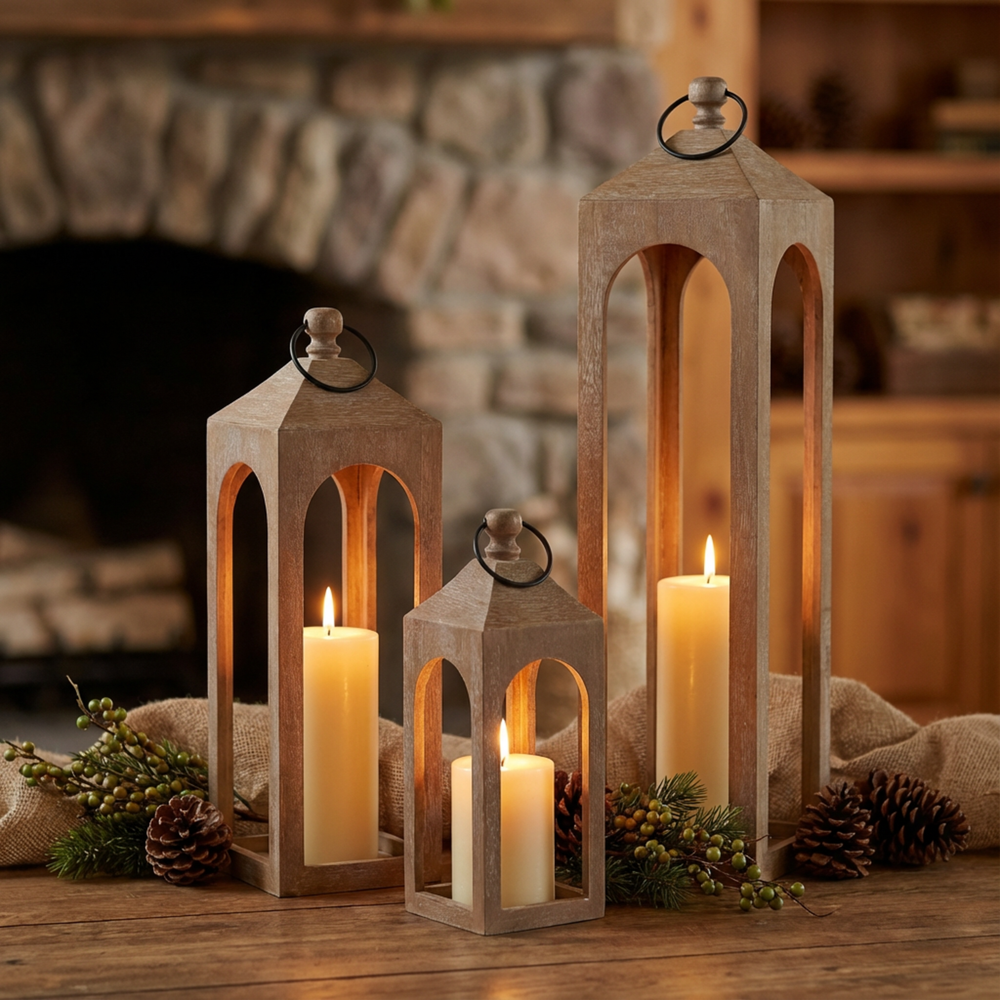 Era Wooden Lantern, Set Of 3 - Whitewash