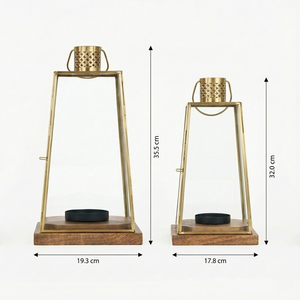 Two gold lanterns with wooden bases, showing dimensions on a white background.