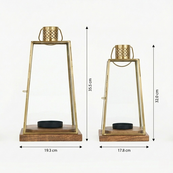 Two gold lanterns with wooden bases, showing dimensions on a white background.