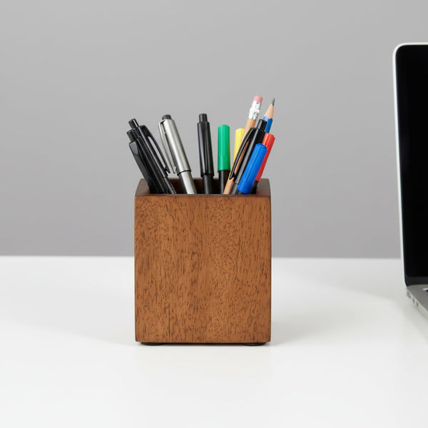 Boxy Wooden Pen Holder, Brown