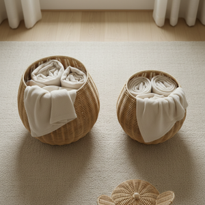 Two woven baskets with white towels on a light-colored floor.