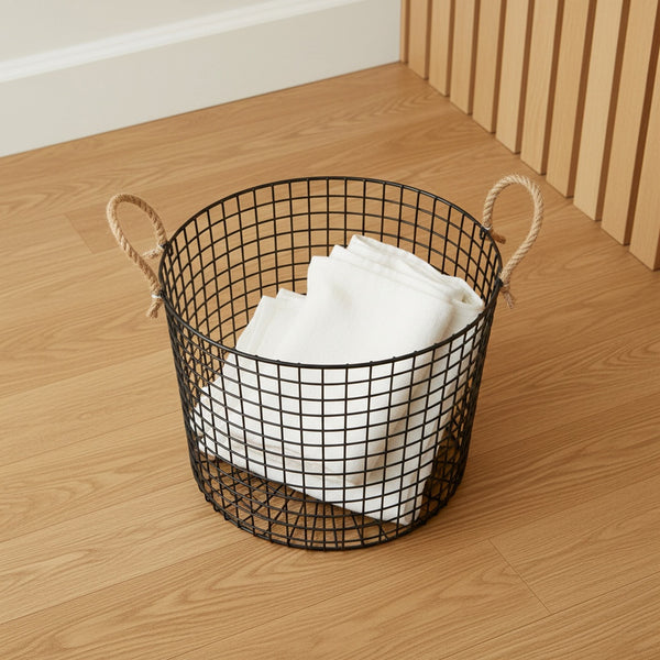 Linny Metal Storage Basket With Rope Handles, Set Of 2 - Black