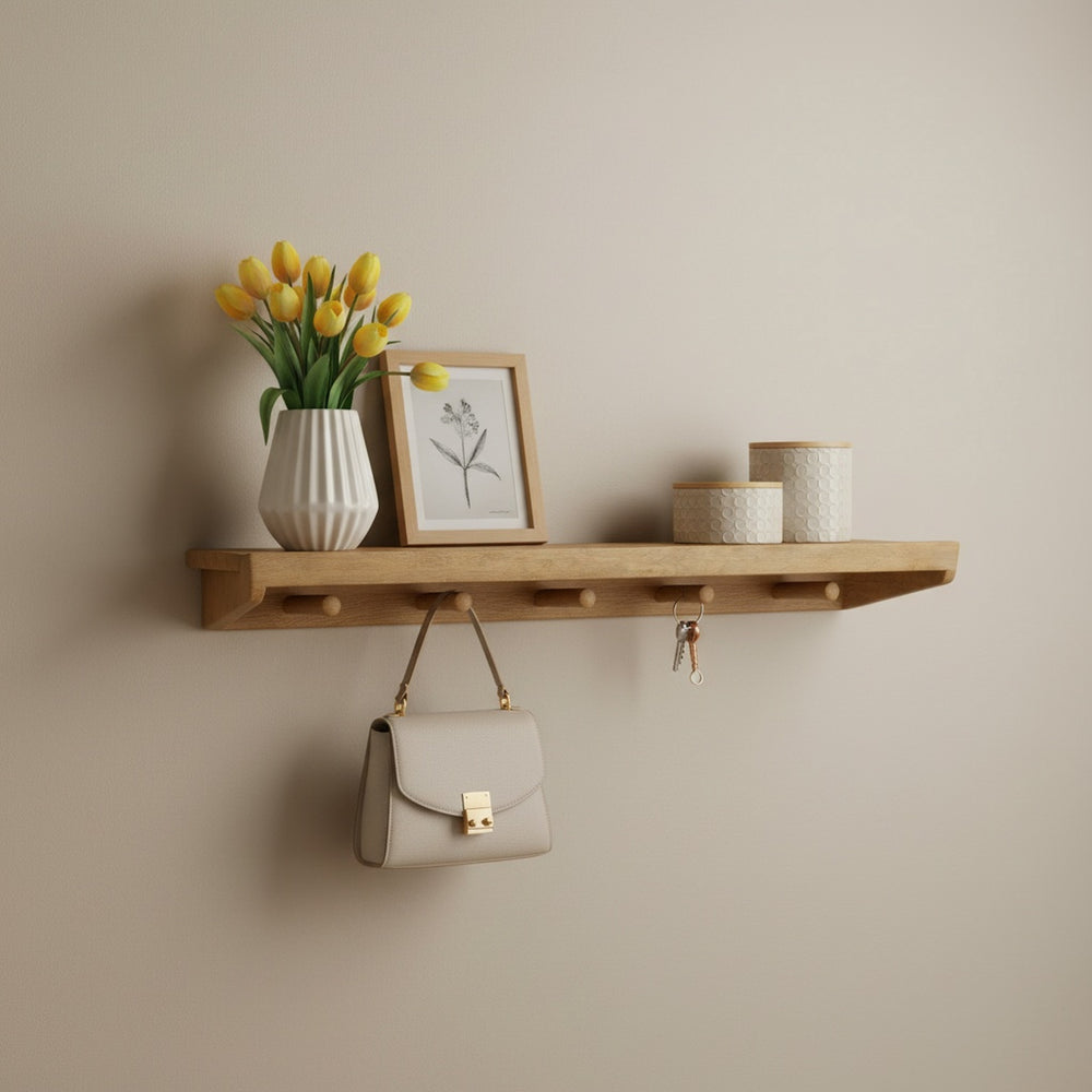 Rafa Wooden Wall Shelf With Hooks, Natural