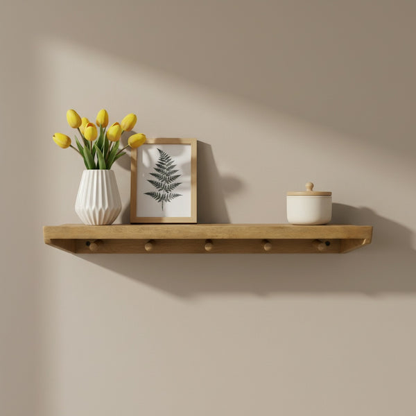 Rafa Wooden Wall Shelf With Hooks, Natural