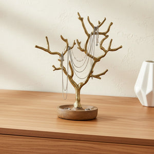 Aurest Metal Jewellery Organiser With Wooden Base, Gold