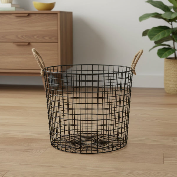 Linny Metal Storage Basket With Rope Handles, Set Of 2 - Black