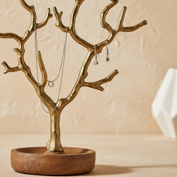 Aurest Metal Jewellery Organiser With Wooden Base, Gold