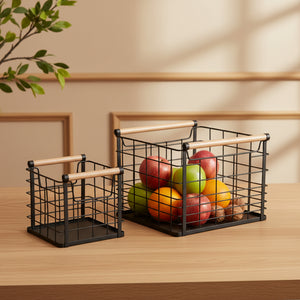 Mesh Storage Basket With Wooden Handles, Set Of 2 - Black