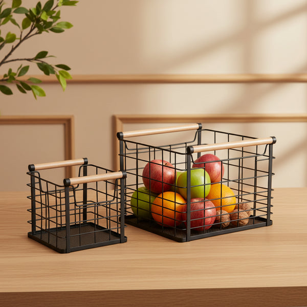 Mesh Storage Basket With Wooden Handles, Set Of 2 - Black