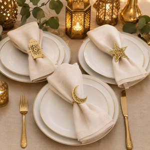 Noor 3 pc Star, Moon & Lantern Metal Napkin Ring Set - Gold