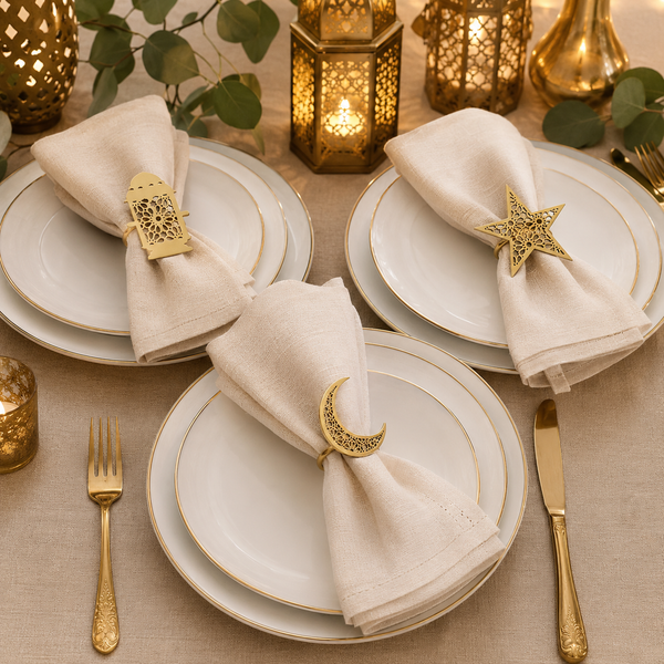 Noor 3 pc Star, Moon & Lantern Metal Napkin Ring Set - Gold